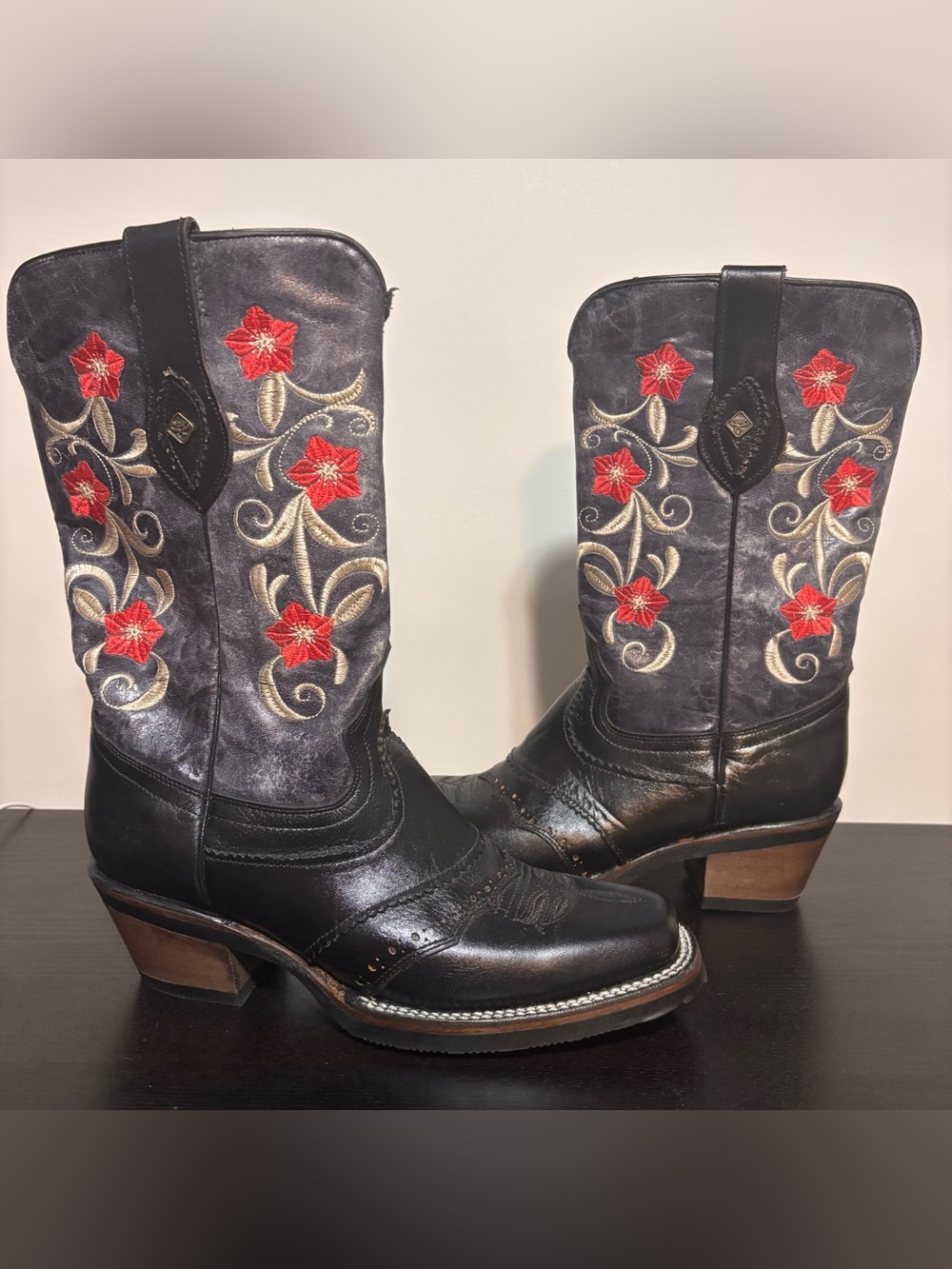Embroidered Black Leather Western Cowboy Boots with Red Floral Accents | NWOT